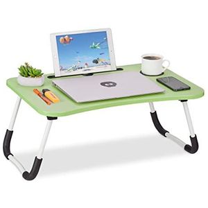 Relaxdays laptoptafel bank, inklapbaar, houder voor tablet & drankje, bedtafeltje, HBD: ca. 26x63x40 cm, lichtgroen/wit