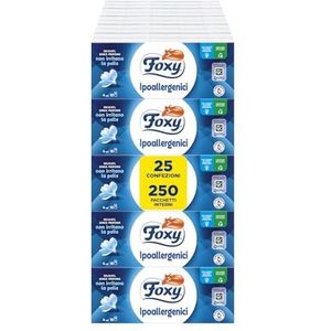 Foxy Hypoallergeen, zakdoeken, 25 verpakkingen met elk 10 zakdoeken, 4-laags, FSC-gecertificeerd, recyclebare verpakking, 100% hernieuwbare energie
