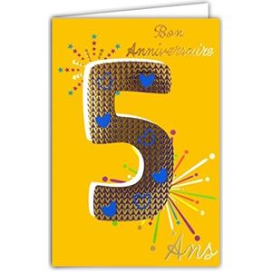 Afie 69-2405 verjaardagskaart, 5 jaar, goud glanzend, gestructureerd, voor kinderen, meisjes, kleurtekst, voor binnen, incl. enveloppen, gemaakt in Frankrijk, ColorAges