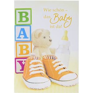 Perleberg Kaart voor geboorte in 11,6 x 16,6 cm - hoogwaardig cadeau voor de geboorte van meisjes en jongens - verjaardagskaart met schoenmotief - geboortekaart met envelop - wenskaart