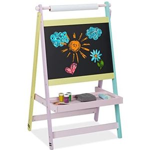 Relaxdays schoolbord kinderen, 2 in 1, met rol papier, tekenen, krijtbord staand, HBD: 90 x 56 x 42 cm, meerkleurig