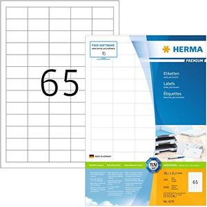 HERMA 4270 universele etiketten A4 klein (38,1 x 21,2 mm, 100 velle, papier, mat) zelfklevend, bedrukbaar, permanente klevende adreslabels, 6.500 etiketten voor printer, wit