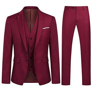 YOUTHUP Heren Slim Fit 3 Stuk Pak Klassieke Business Wedding Suits Smoking Blazer Vest Broek, Winered, S