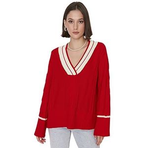 Trendyol Dames Regular Basic V-hals Gebreide Trui, Rood, S