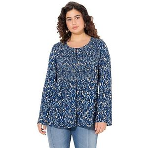 Ulla Popken Grote maten grote maten plus size blouse, gesmokt, ronde hals, uitlopende lange mouwen, marineblauw, 46/48 NL