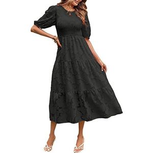 MEROKEETY Vrouwen 2025 Zomer Puff Mouw Gesmokte Bloemen Jurk Ronde hals Kant Vloeiende Tiered Midi Jurken, Zwart, L