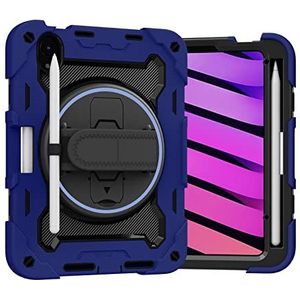 Beschermhoesje voor iPad Mini 6e generatie 8.3 inch, 3 beschermlagen, schokbestendig, met 360 graden draaibare polsband, standfunctie, marineblauw