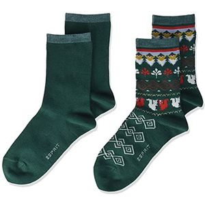 ESPRIT Nordic sokken voor kinderen, 2 paar, maten 23-42, versch. kleuren, katoenmix, modieus Noors patroon in dubbelverpakking, groen (Pine 7292), 31-34