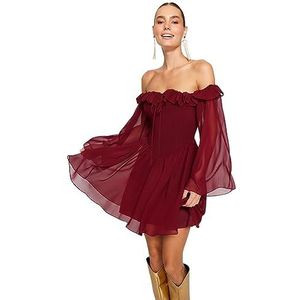 TRENDYOL Dames Woman Mini Skater Regular Fit Weaving Dress Jurk, bordeauxrood., 38