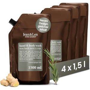 Jean & Len Hand & Body Wash Rozemarijn en Gember in een navulverpakking, reinigt en verzorgt de huid, praktische set, kruidig-frisse geur, vloeibare zeep, zonder siliconen & parabenen, 4 x 1,5 liter