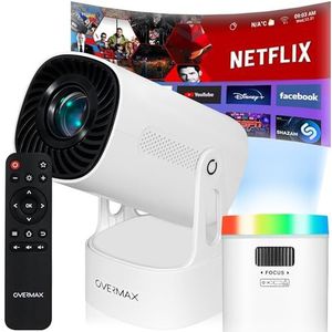 Overmax Multipic EZ 4K Mini Beamer – 200” Projectie, Android 9.0, 120 min Batterij, WiFi & Bluetooth, Automatische Keystone, Miracast, Elektronische Zoom, NightSky & Ambiente, Draagbaar & Compact