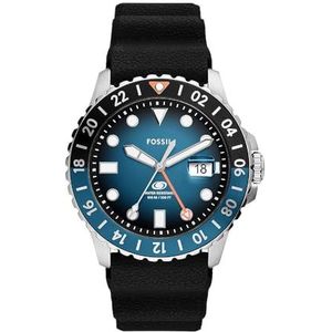 Fossil Blauw horloge voor heren, GMT uurwerk met roestvrij stalen of leren band, Blue