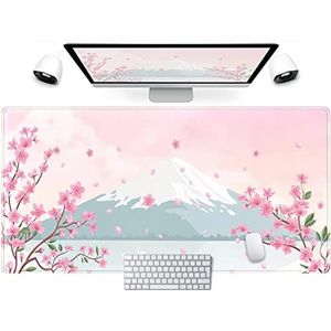 Japanse bureaumat, pastelroze kersenbloesem-muismat Mt Fuji Japan grote gaming anime muismat XXL 80 x 40 cm, Kawaii esthetische bloem schattige vrouwen kantoordecoratie computer laptop toetsenbordmat