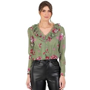 Lovedrobe Dames Ruffle Top V-hals Lange Mouwen Button-up Frills Bloemenprint Metallic Smart Casual Office Wear Blouse Groen 42, Groen, 40