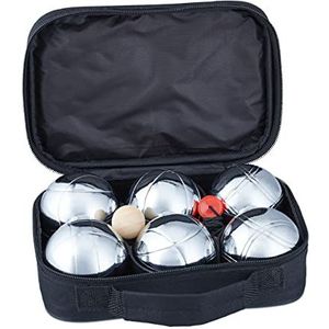 Relaxdays jeu de boules set, 6 ballen, met doelbal & afstandmeter, in draagtas, van metaal, petanque, zilver/zwart