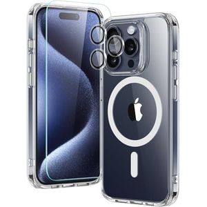 ESR Beschermhoes voor iPhone 15 Pro Max, compatibel met MagSafe, 1 screenprotector van gehard glas, 1 set camerabeschermfolies, bescherming van militaire norm, vergeelt niet, krasbestendige case,