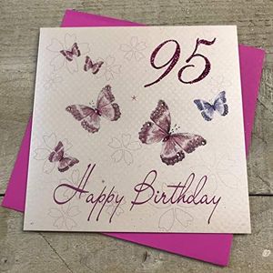 White Cotton Cards wbb 241,30 cm roze met vlinders, opschrift""Happy Birthday"" wenskaart voor de 95e verjaardag, 241,30 cm, handgemaakt