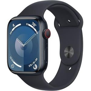 Apple Watch Series 9 (GPS + Cellular 45 mm) Smartwatch - Kast van middernacht aluminium - Middernacht sportbandje M/L. Conditie bijhouden, Saturatie-app en Ecg-app, Always-on Retina-display