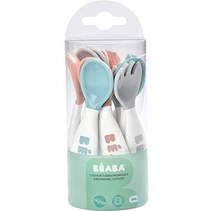 BÉABA, Eerste bestekset, ergonomisch, set met 6 lepels en 4 vorken, korte en ronde handgreep, eenvoudige bediening voor baby's, geschikt voor rechts- en linkshandigen, grijs/blauw/roze