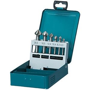 Makita D-42204 6-delige kegelverzinkset in metalen cassette, 90° snijden, Ø 6,3-20 mm, HSS-staal, voor bijvoorbeeld metaal, non-ferro metaal of hout, DIN335, ronde schacht