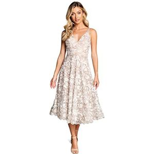 DRESS THE POPULATION Elisa nauwsluitende en uitwaaiende mouwloze midi-jurk met diepe halslijn voor dames, Wit/Goud, M