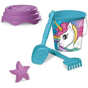 Mondo Unicorn Bucket, Zeeset Renew Toys met emmer, schep, hark, zeef, uitsteekvorm, incl. 28585 meerkleurig, 17 cm diameter