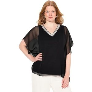 Ulla Popken Dames chiffon blouse met versiering blouse, zwart, 50-52 grote maten