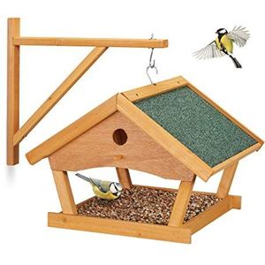 Relaxdays vogelvoederhuisje hangend, hout, vogelhuisje tuinvogels, HBD: 35 x 42,5 x 40,5 cm, muur, balkon, tuin, natuur