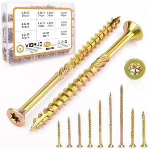 VIGRUE Houtschroeven, 515 stuks spaanplaatschroeven, geel verzinkt torx-schroeven, set schroeven voor dakconstructies, verzonken kopschroeven, terrasschroeven, universele schroeven