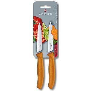 Victorinox Swiss Classic 2-TLG. Gemüsemesser-Set, 1 x Normaler Schliff, 1 x Wellenschliff, 10 cm Klinge, Mittelspitz, orange, 18 x 3 x 2.4 cm