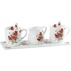 La Cija Poppies Set met 2 kopjes, melkkannetje en lepel met dienblad van porselein, wit, 34,5 x 12 x 9,6 cm