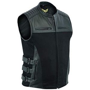 Leatherick Heren SWAT tactische stijl denim en topnerf buffelleer biker gilet met pistoolzakken en geperforeerde zakpanelen