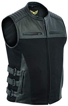 Leatherick Heren SWAT tactische stijl denim en topnerf buffelleer biker gilet met pistoolzakken en geperforeerde zakpanelen