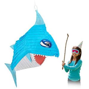 Relaxdays pinata haai, kinderen, meisje & jongen, verjaardag, decoratie, feestversiering, HBD 68x53x18 cm, blauw/wit