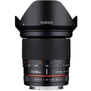 Rokinon 20-20 mm f/1.8-22 vaste Prime 20 mm brede hoek lens voor Canon EF, zwart (RK20M-C), Nikon, zwart