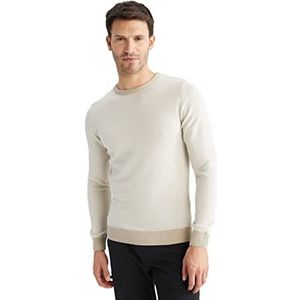 DeFacto Heren gebreide trui lange mouwen ronde hals sweater - slim fit trui voor heren tops (stone, L), stone, L