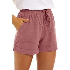 SMENG Dames effen kleur trekkoord shorts met zakken losse casual broek, 1-stoffig Roze, S