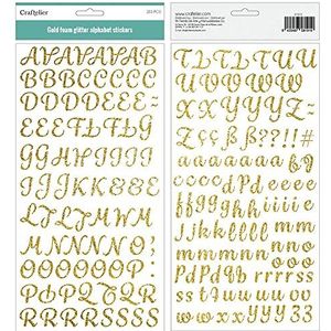 Craftelier - Alfabet Puffy stickers in hoofdletters en kleine letters, cijfers en speciale tekens | Bevat 203 delen - grootte hoofdletter 2 cm en kleine letter 1 cm | goud met glitter