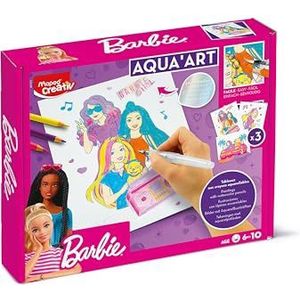 Maped Creativ - Aqua'Art Barbie – aquarelactiviteit voor kinderen – kleuren met aquarelpotloden + waterkwast op metalen ondergronden – 3 posters om in te kleuren – vanaf 7 jaar