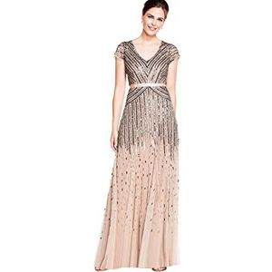 Adrianna Papell Women's Long Beaded V-Neck Dress with Cap Sleeves and Waistband, Nude, 16