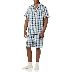 Amazon Essentials Heren lichtgewicht geweven inkraag korte pyjama set, marineblauw taupe Madras plaid, XX-Small