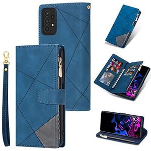 UEEBAI Portemonnee-hoesje voor Samsung Galaxy A53 5G, vintage hoogwaardig PU-lederen portemonneehoesje met kaartsleuven en ritsvak, magneetsluiting, standaard en polsband - blauw (Diamond Blue)