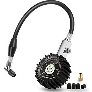 Laagdruk-bandenmeter tot 30 psi, 2,5 inch, mechanische bandenmeter met flexibele slang en schuine spanvoering, analoge luchtdrukmeter