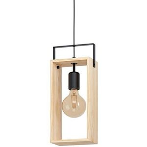 Eglo Famborough Hanglamp met 1 lamp, vintage, industrieel, Scandinavisch, hanglamp van staal in zwart en hout in natuur, eettafellamp, woonkamerlamp,