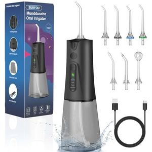SURFOU Monddouche en irrigator 5 modi 7 opzetstukken, IPX7 waterdicht, USB-C oplaadbaar en 230 ml waterreservoir voor reizen en thuisgebruik