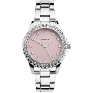 Sekonda Elizabeth Dameshorloge, kwartshorloge, 33 mm, met stenen kast, analoog display en roestvrijstalen armband, Zilver/Roze, armband