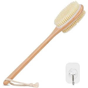 Alyvisun Houten Douche Rugborstel met Lange Steel, Dubbelzijdige Badborstel Back Scrubber met Stijve en Zachte Borstelharen, Exfoliërende Doucheborstel [Droog en nat Borstelen]