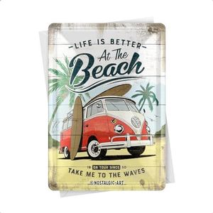 Nostalgic-Art, Retro wenskaart, Volkswagen Bulli T1 – Beach – VW bus cadeau-idee, metalen postkaart, mini-blikken bord in vintage design, 10 x 14 cm