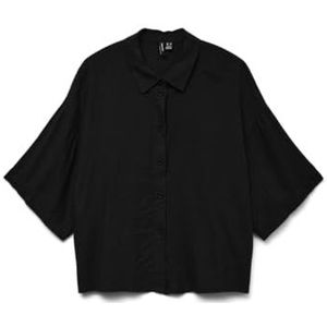 VERO MODA Dames Overhemd met losse pasvorm en knoopsluiting Blouse Halve Mouw Damesbloes, Colour:Black, Size:L