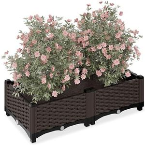 Relaxdays plantenbak, rotanlook, HxBxD: 23 x 80 x 40 cm, tuin, balkon & terras, met waterreservoir, bloembak, bruin
